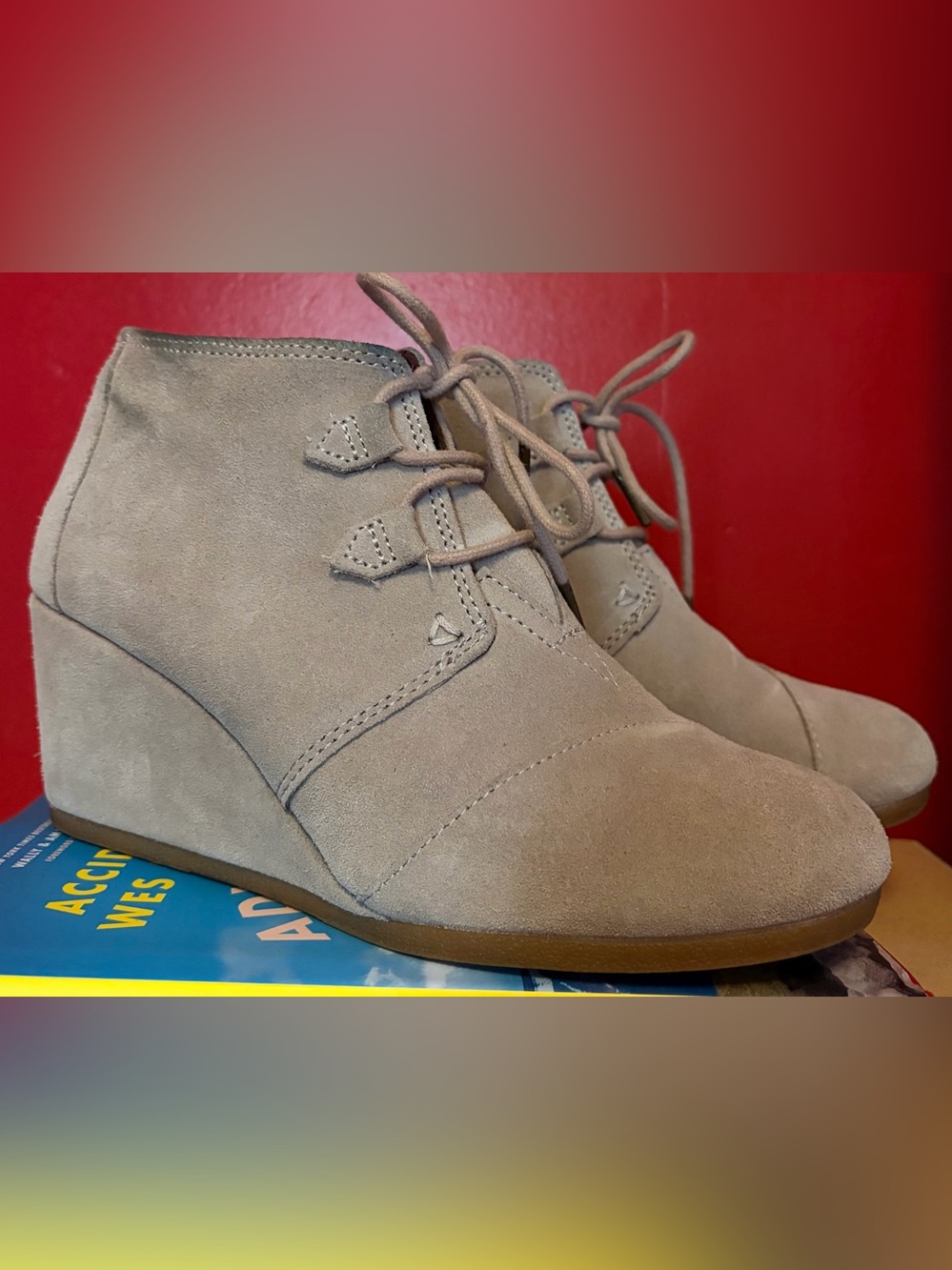 Tom’s Taupe Suede Lace-Up Wedge Ankle Boots